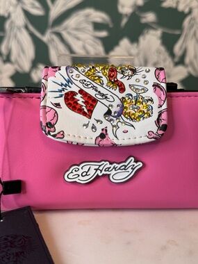 Ed Hardy Pink and White Graphic Flap Wallet NWT
